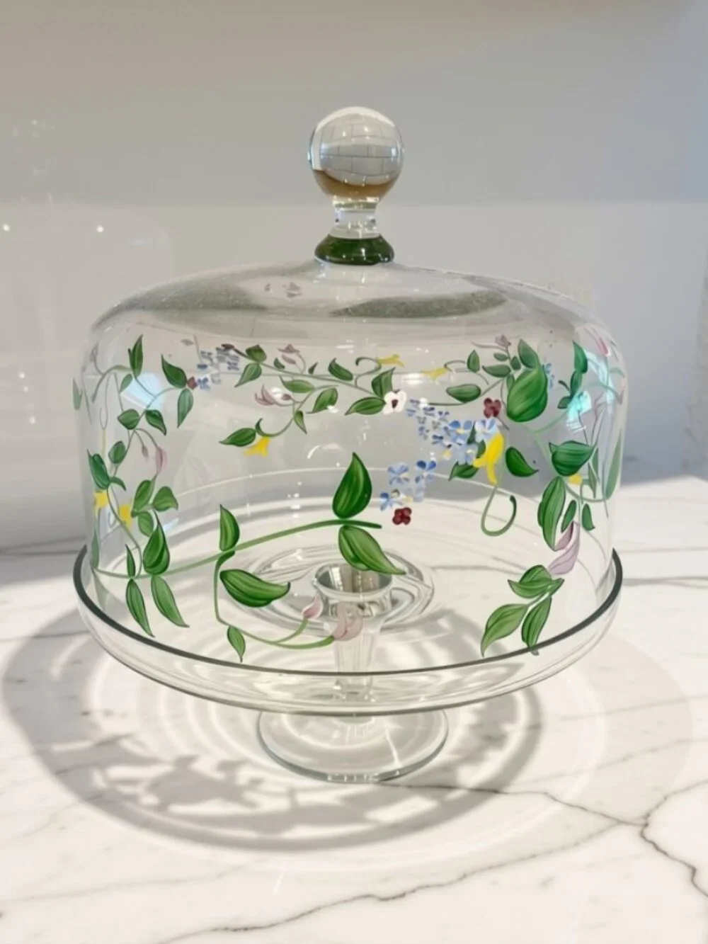 Hand-Painted Floral Glass Cake Stand with Dome